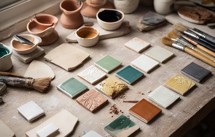 Campioni di ceramica, pennelli e piastrelle smaltate sul banco di lavorazione artigianale