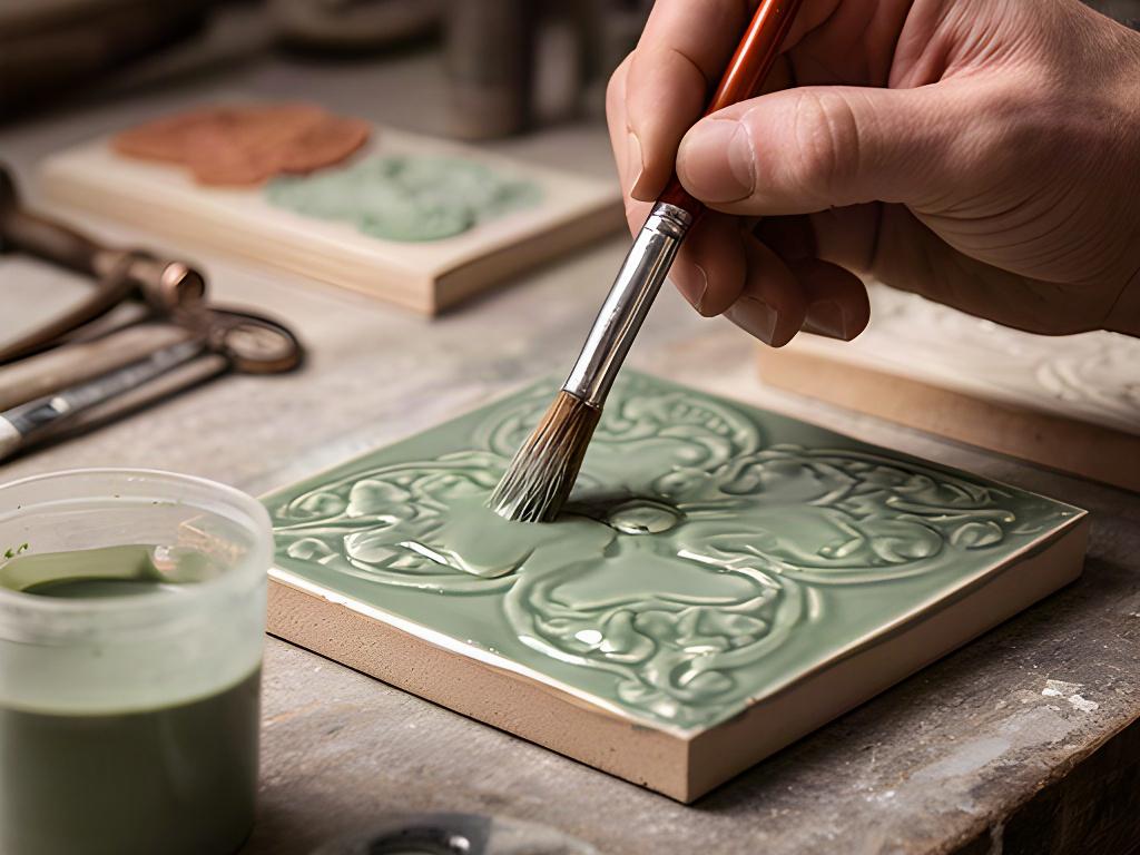 Mano di un'artigiana che applica uno smalto verde salvia su una piastrella decorativa nel laboratorio