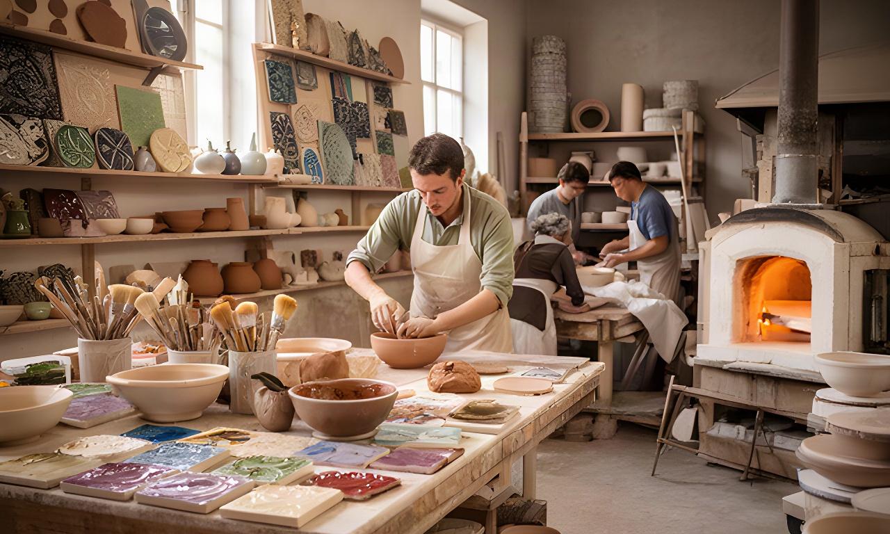 Artigiani al lavoro nel laboratorio ceramico di Ravenna, tra piastrelle smaltate e un forno tradizionale